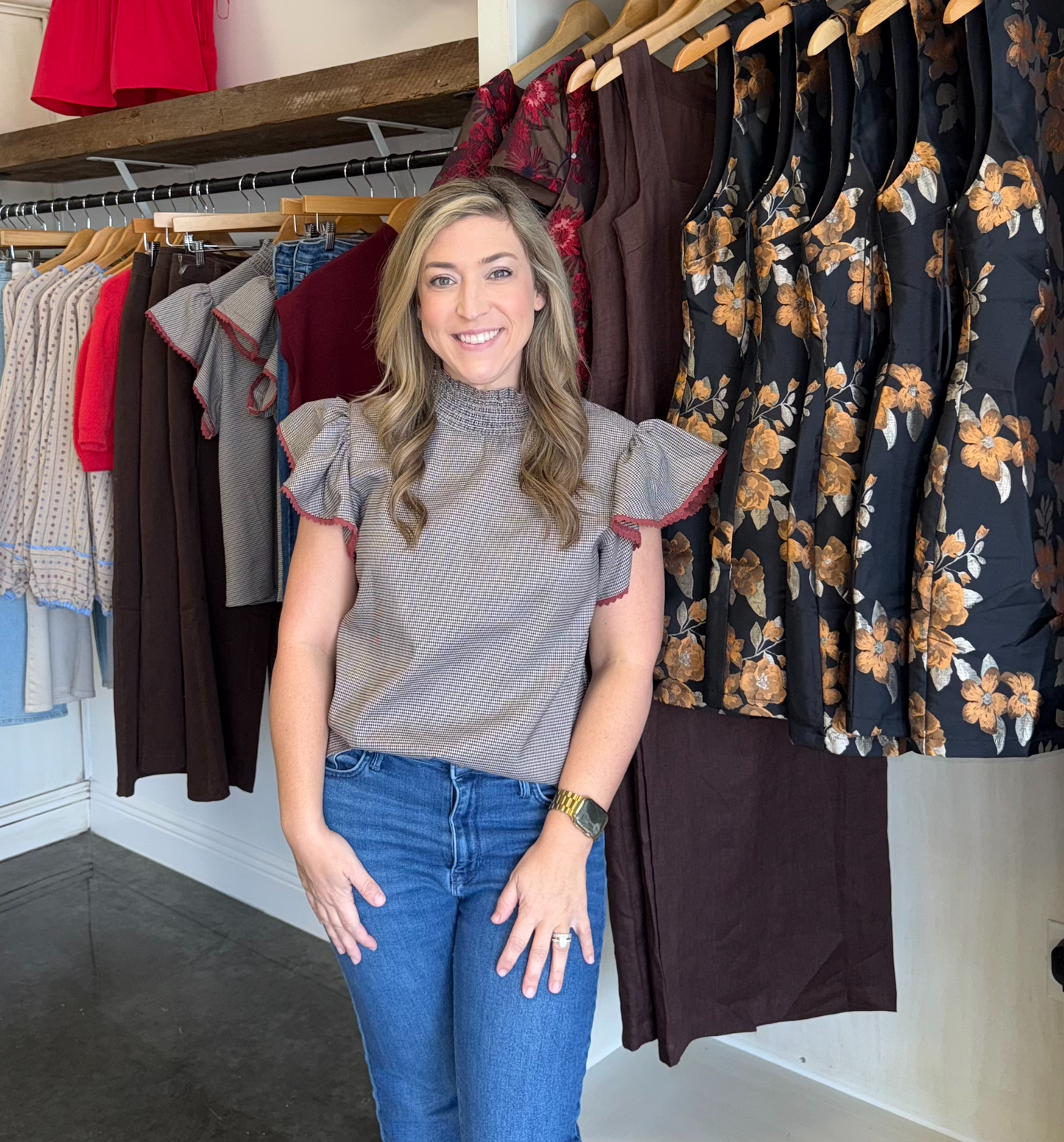 Houndstooth Flutter Sleeve Top