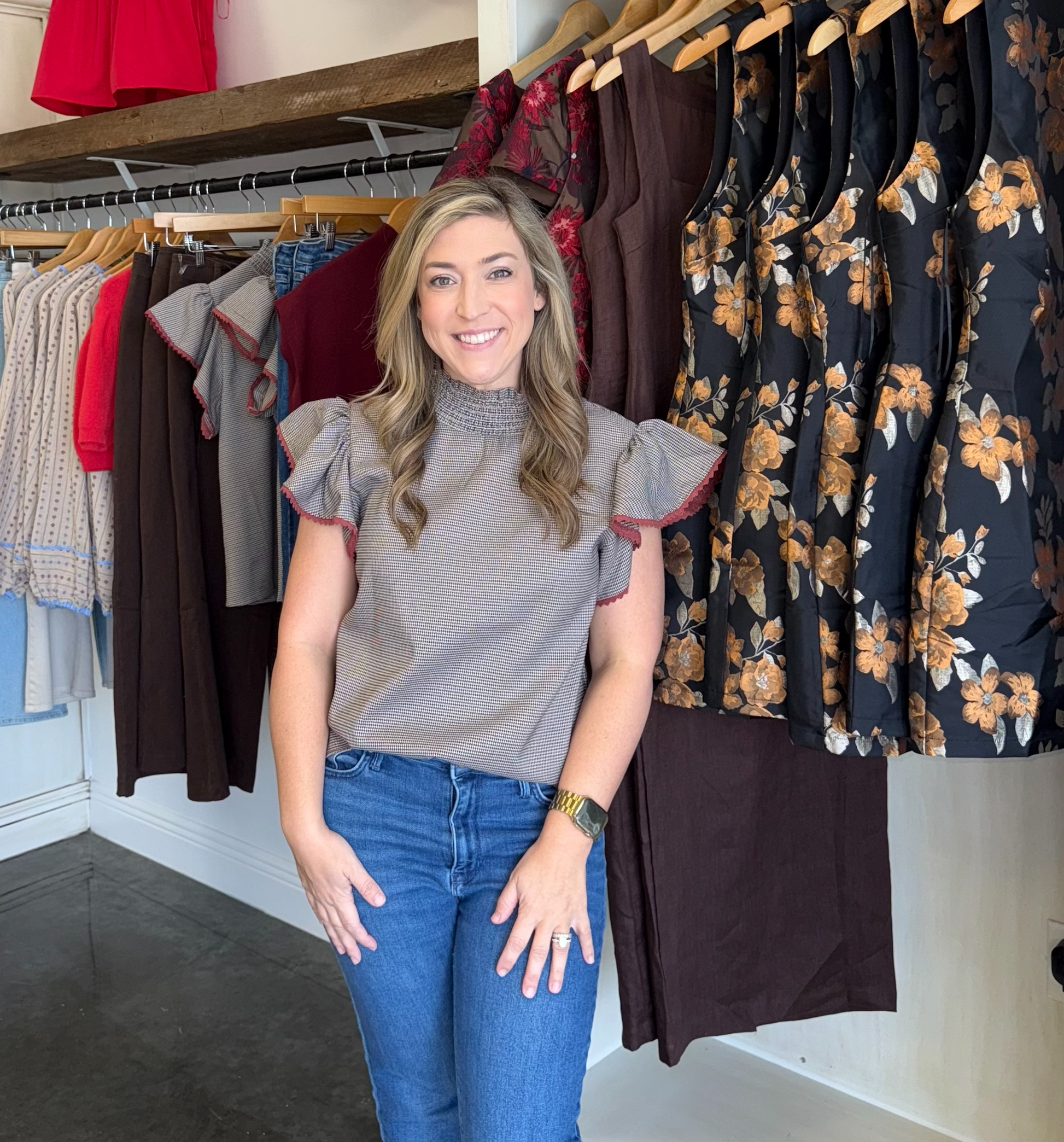 Houndstooth Flutter Sleeve Top